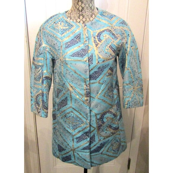 Chicos Coat NWT Blue Mosaic Jacquard Topper Jacket Snap Front Side Pockets 6 - Picture 5 of 13